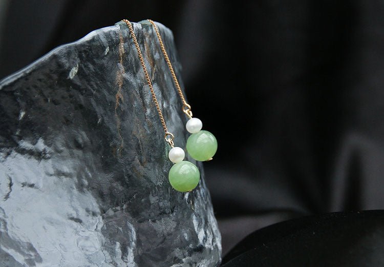 14k gold - plated pearl & jade 6mm round bead drop earrings – elegant & minimalist gift for women - star8s