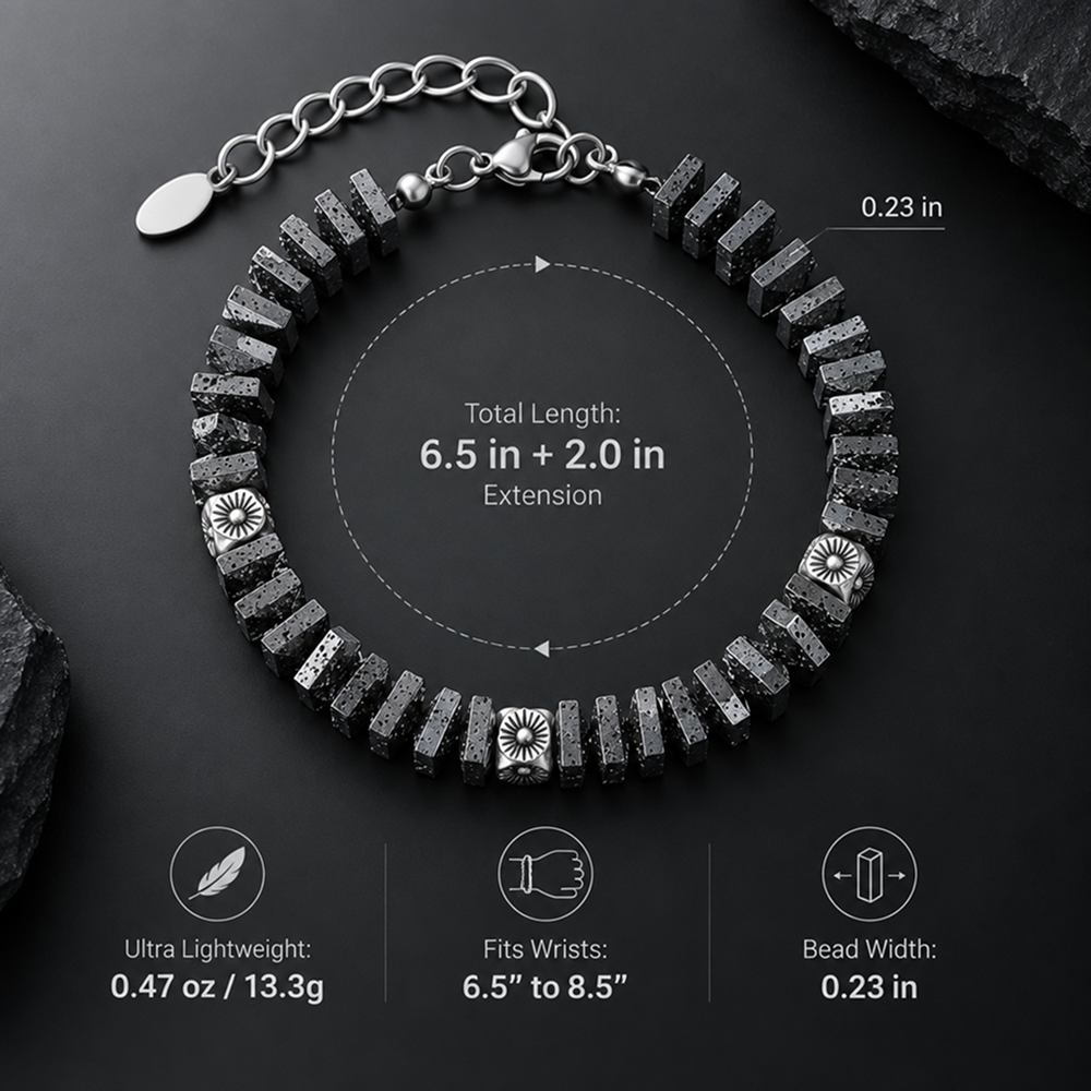 men's square lava stone beaded bracelet with silver-tone accents and adjustable extender