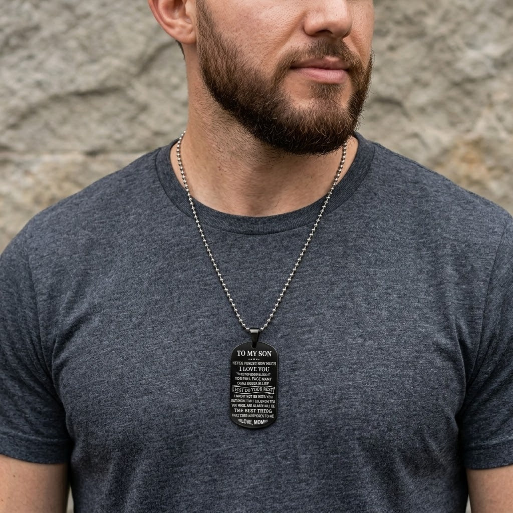 engraved dog tag necklace for son from mom stainless steel military id card pendant inspirational message charm long ball bead chain birthday graduation gift for boys men black silver 23.6" 20g
