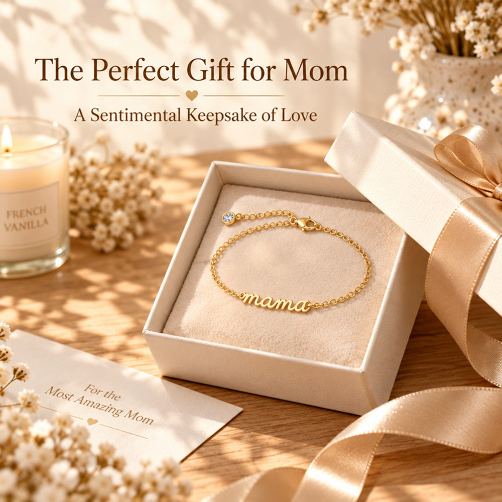 gold-tone mama script bracelet with adjustable chain, mother's day gift