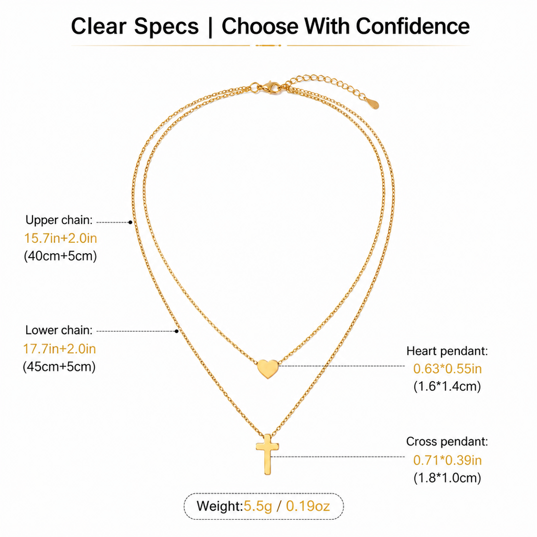 layered cross necklace for women stainless steel gold plated dainty open heart charm pendant double strand chain choker minimalist christian faith religious amulet trendy jewelry gift for her girlfriend