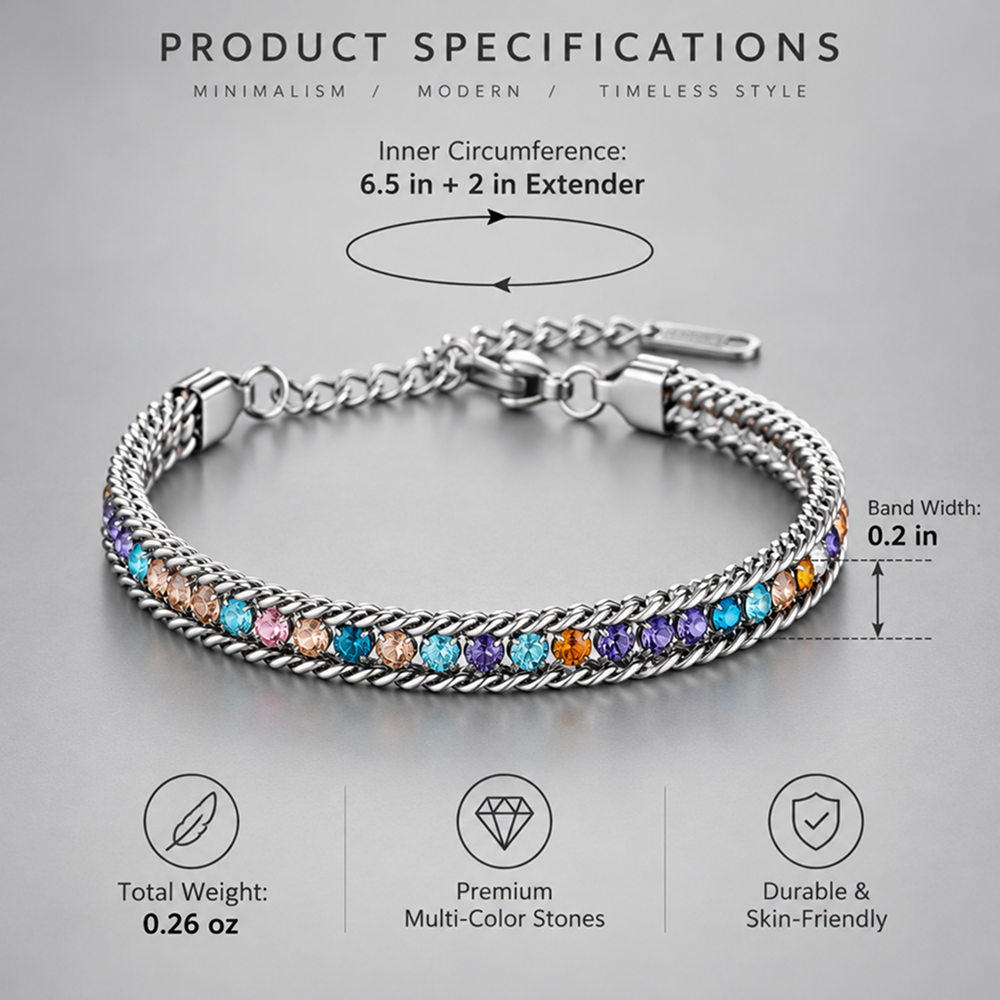 rainbow cuban-style chain bracelet for men and women, silver-tone double chain borders with multicolor faceted accents, lobster clasp and 2 inch extension, 6.5 inch bracelet, 0.2 inch width, colorful statement jewelry for everyday outfits and parties
