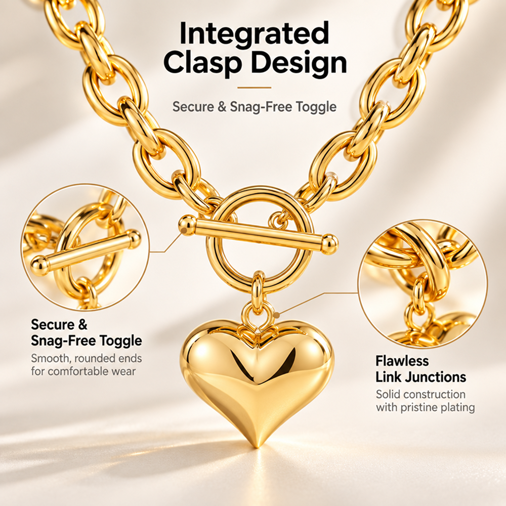 women's gold-plated brass puffed heart pendant necklace with chunky chain and toggle clasp