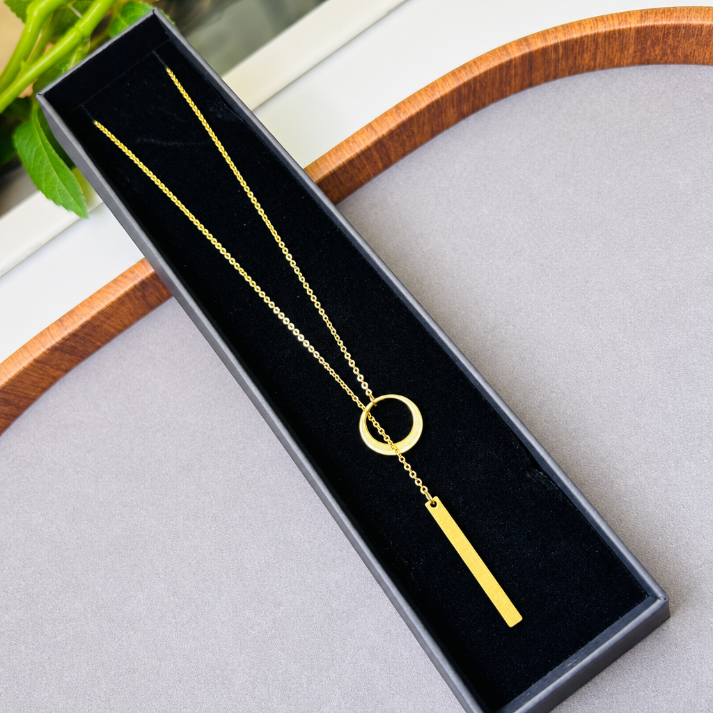 minimalist circle and vertical bar lariat necklace for women dainty long drop y necklace gold tone geometric clavicle collarbone chain edgy punk elegant layering jewelry birthday anniversary gift for her