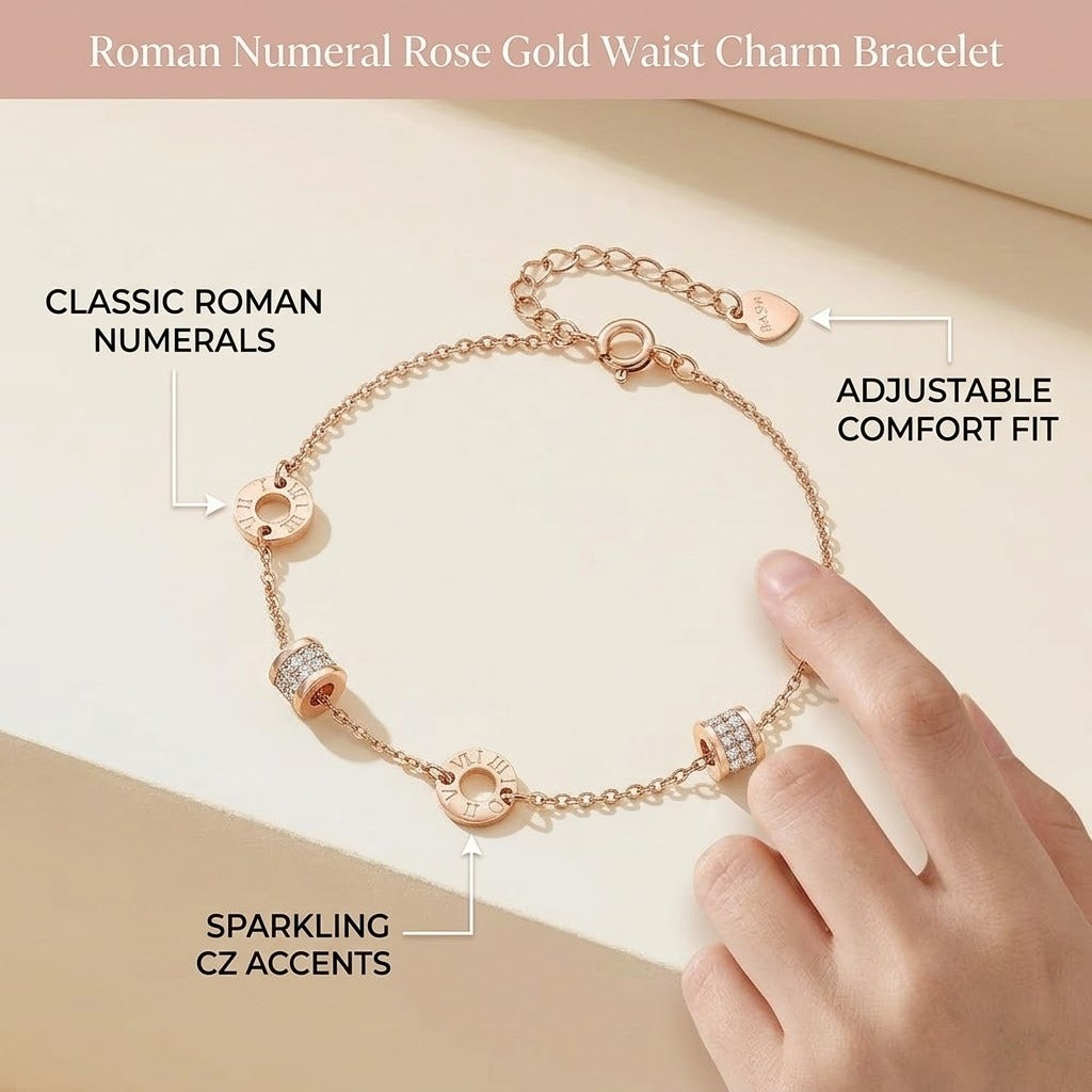 rose gold tone roman numeral bracelet for women, minimalist interlocking circles small waist charm bracelet, crystal pave cubic zirconia dainty chain link jewelry, birthday anniversary gift for girlfriend mother her