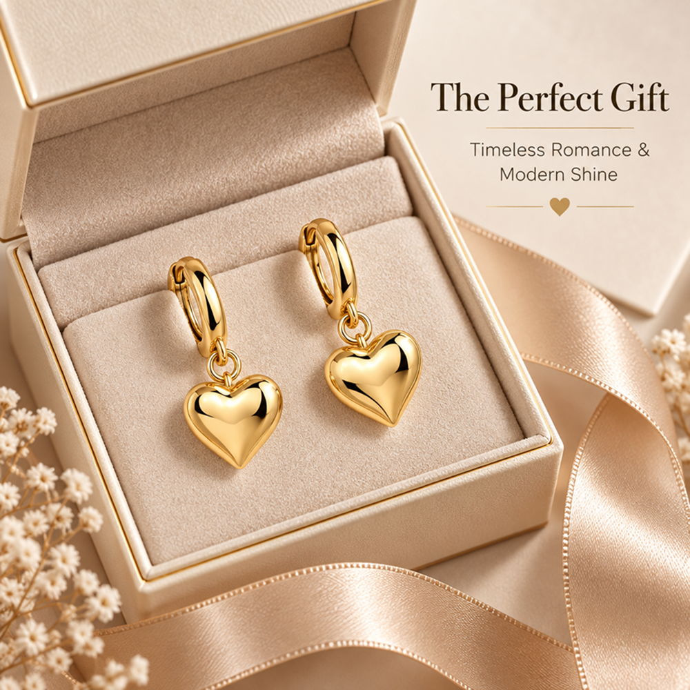 women's gold-tone brass heart drop hoop earrings with puffed heart charms