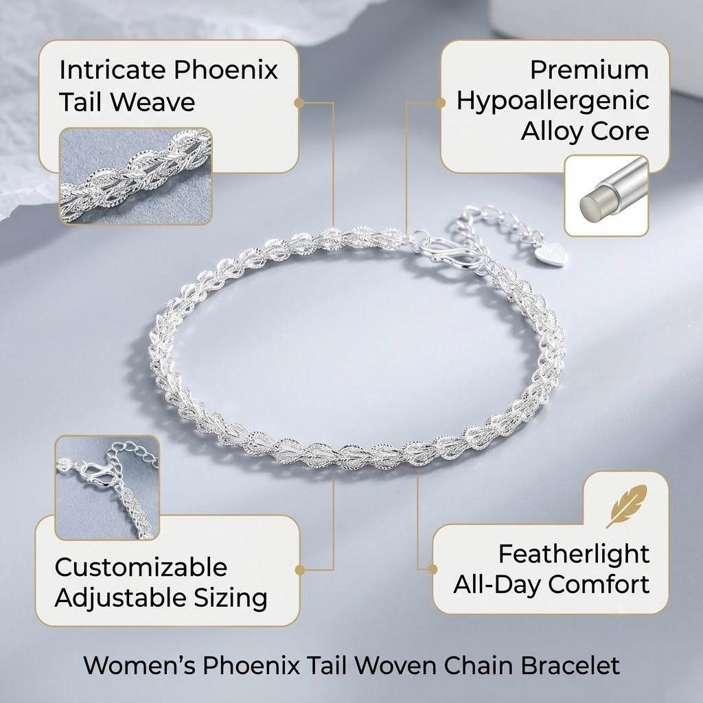 phoenix tail bracelet for women delicate hand woven textured link chain vintage filigree foxtail braided wristband adjustable extension extender line daily dainty fashion costume jewelry gift for her 6g