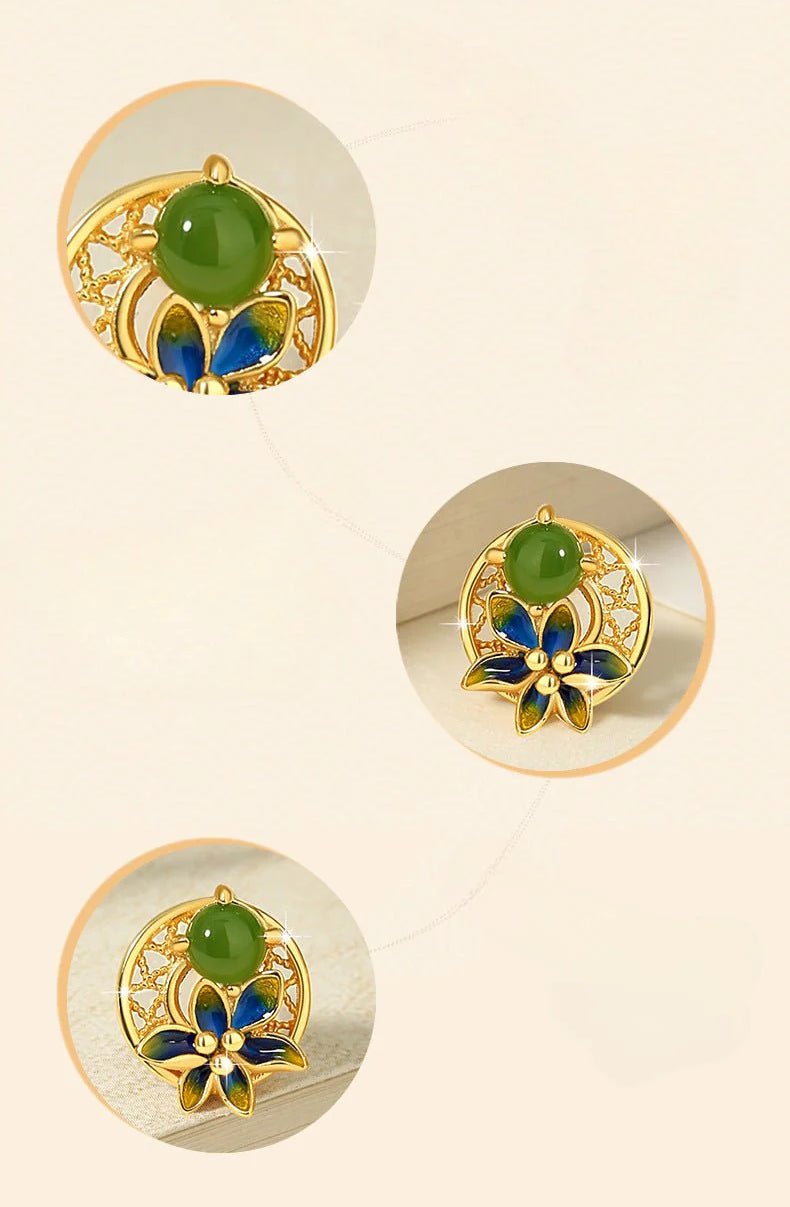 elegant flower ear stud piercing - hetian jasper 925 silver, moon & gold - plated | star8s - star8s