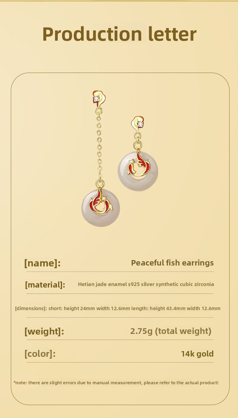 lucky koi fish ear studs for women - 925 silver hetian jade long earrings | star8s