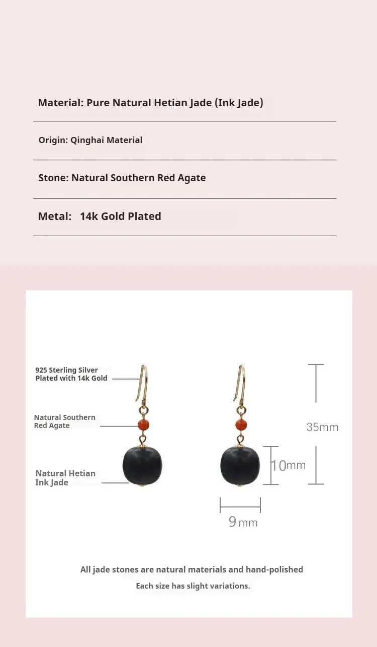 natural hetian jade hook earrings with ink jade & south red agate – vintage women’s jewelry - star8s