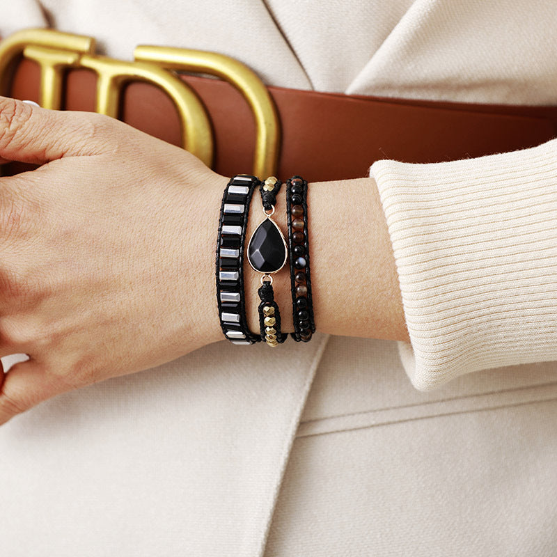 obsidian braided wrap bracelet - handcrafted leather and crystal bracelet for women - star8s