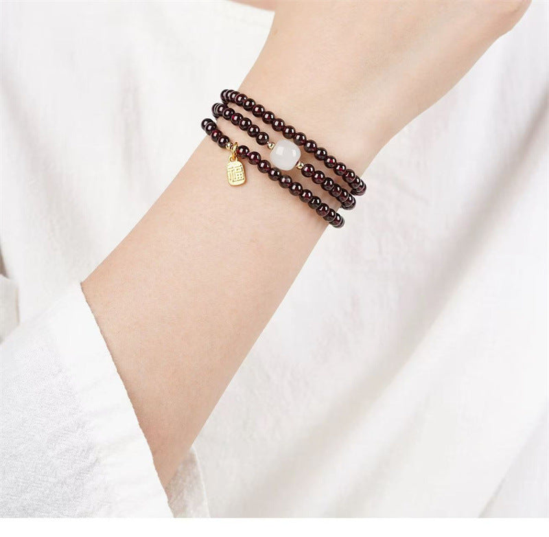 garnet jade beaded bracelet for women | vintage design with white jade & golden charm - star8s