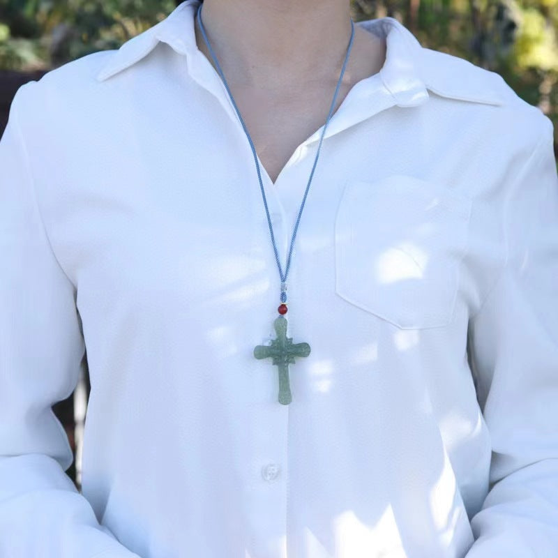 natural hetian jade cross necklace - men & women, green jade pendant gift - star8s