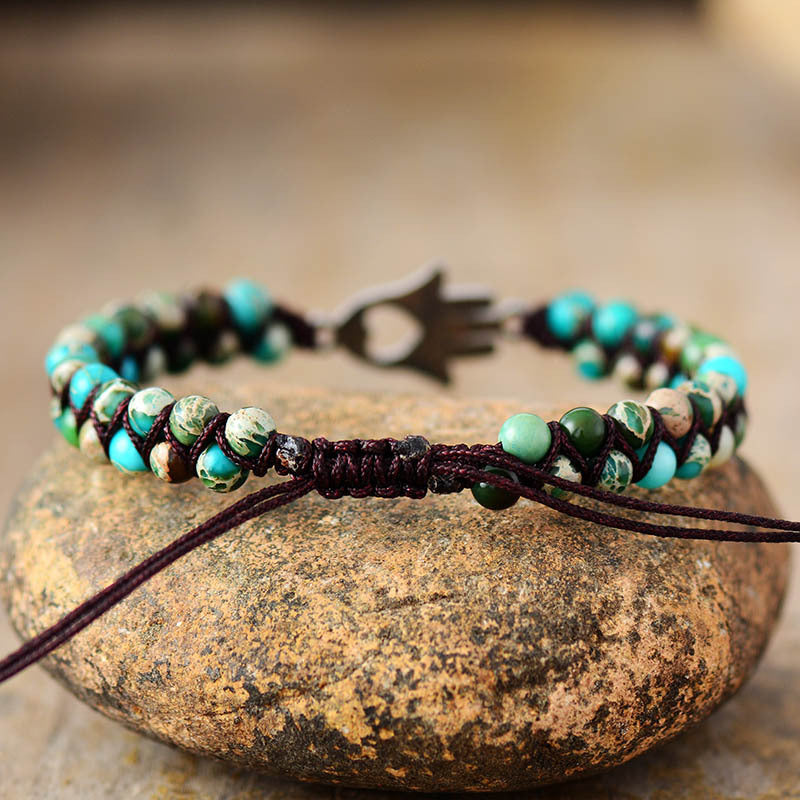 turquoise boho braided bracelet with heart tree and hand charm – handmade women's jewelry - star8s