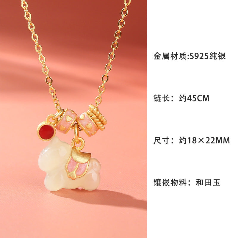 chinese zodiac pink horse jade necklace – natural hetian jade s925 silver pendant for women - star8s