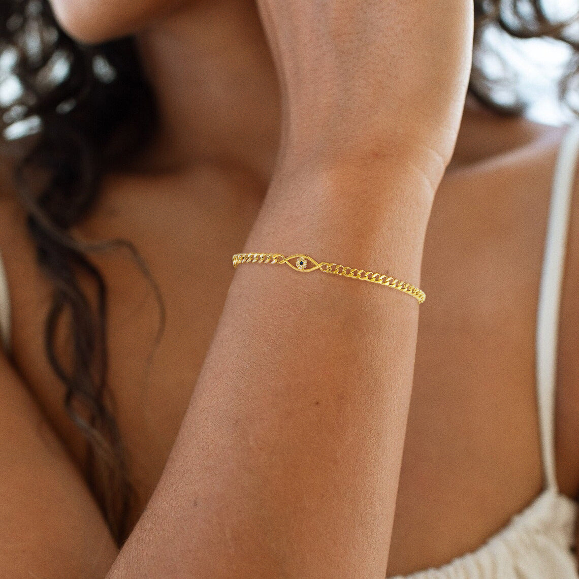 copper-plated evil eye curb chain bracelet brass cubic zirconia protection jewelry minimalist trendy layering wristband gift for her