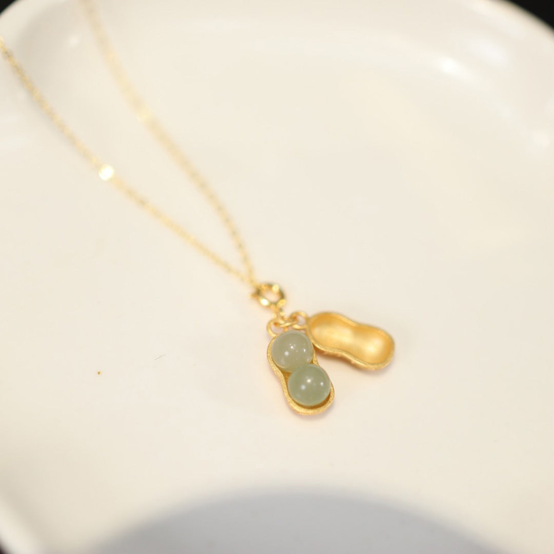 natural qing shui hetian jade necklace - s925 silver plated gold peanut pendant for women - star8s