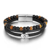 Men’s Stainless Steel Bracelet – Leather & Tiger’s Eye Beads with Skull Charm