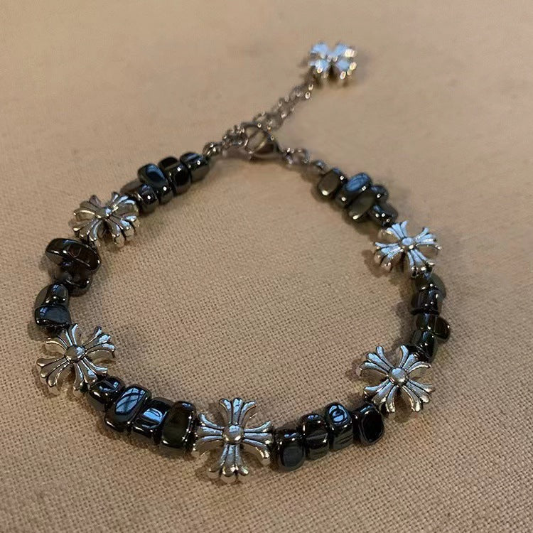 gothic cross beaded bracelet for men women natural black hematite stone irregular tumbled beads bracelet y2k hip hop punk rock wristband retro floral crosses jewelry gif