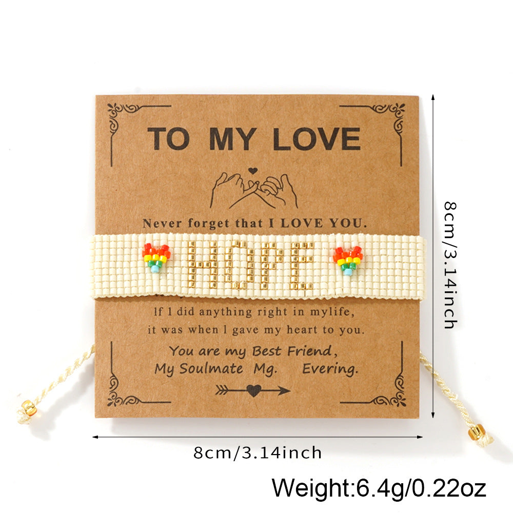 boho heart friendship bracelet – handmade woven seed bead hope rainbow letter bracelet | adjustable bohemian jewelry - star8s