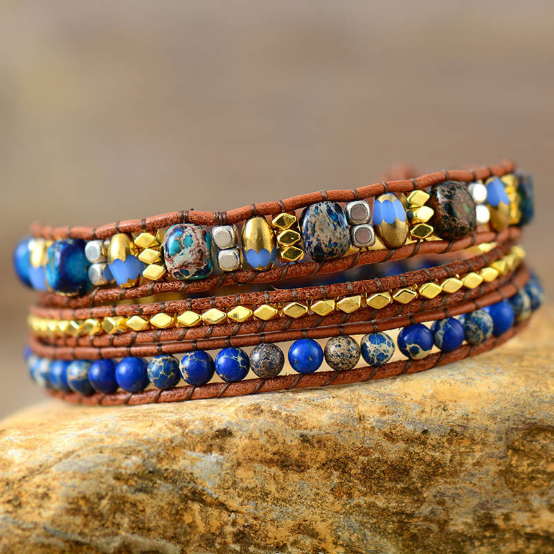 imperial jasper boho wrap braided leather bracelet – handmade 3 wrap natural stone bracelet - star8s