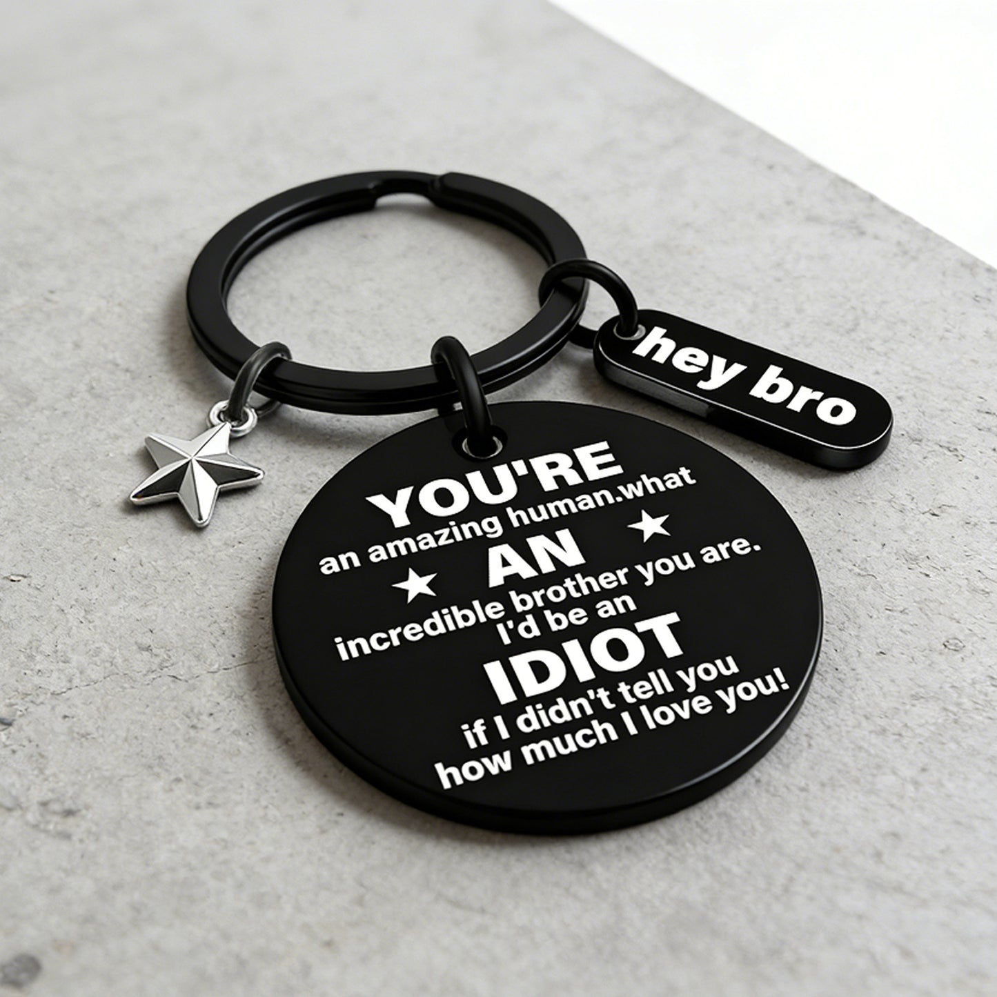 funny brother keychain gift from sister brother stainless steel black engraved round key ring charm pendant with star hey bro sign birthday graduation christmas motivational gag gift for men teens 1.17" 13.5g