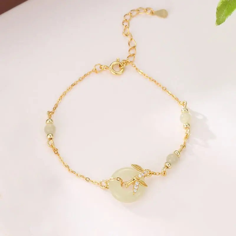 real jade bracelet with hetian jade, 925 silver, bamboo, safety disc, and leaf | star8s