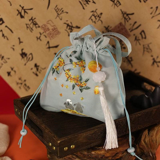 Ancient - style Chinese Suzhou - embroidered Crossbody Bag with Osmanthus and Rabbit Patterns in Cyan - STAR8S
