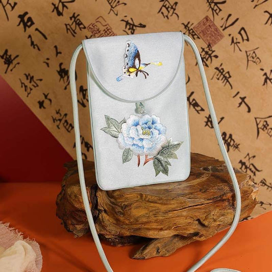 Ancient - style Suzhou - embroidered Crossbody Phone Bag with Butterfly and Peony Patterns - STAR8S
