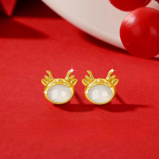 Auspicious Gold Dragon Earing Studs - Hetian Jasper 925 Silver, Animal Year | STAR8S