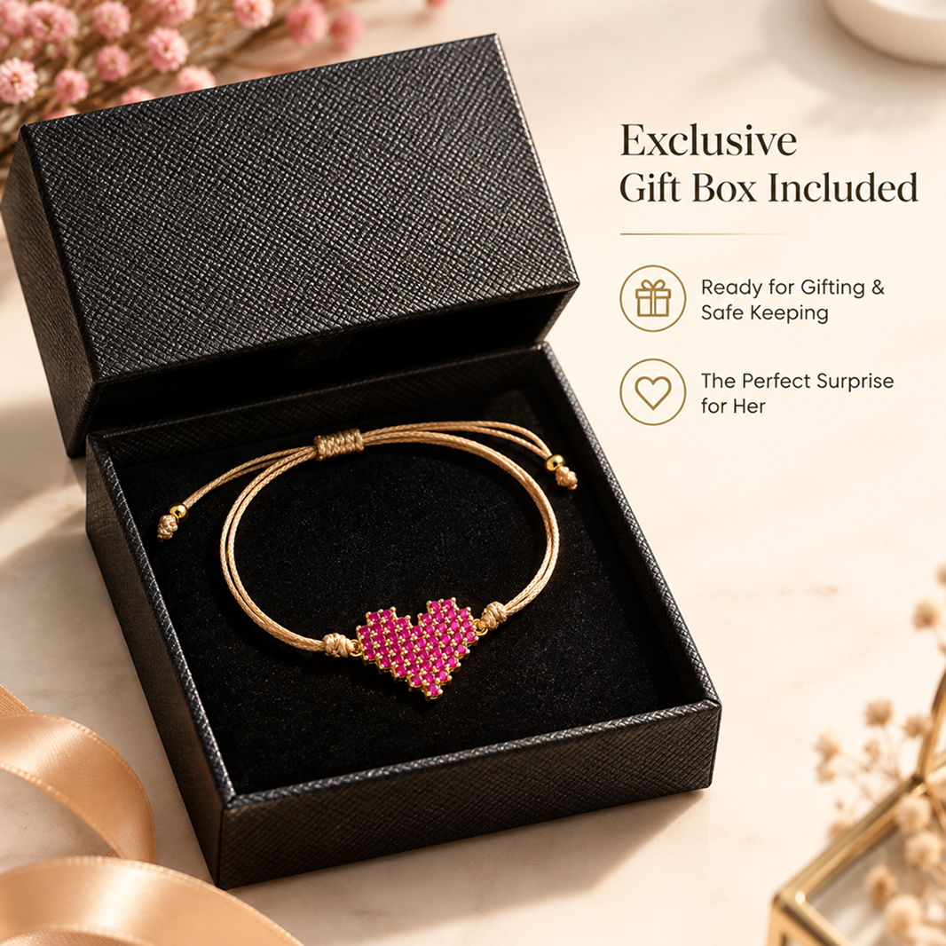 women's adjustable cord bracelet with sparkling pink heart and sliding knot