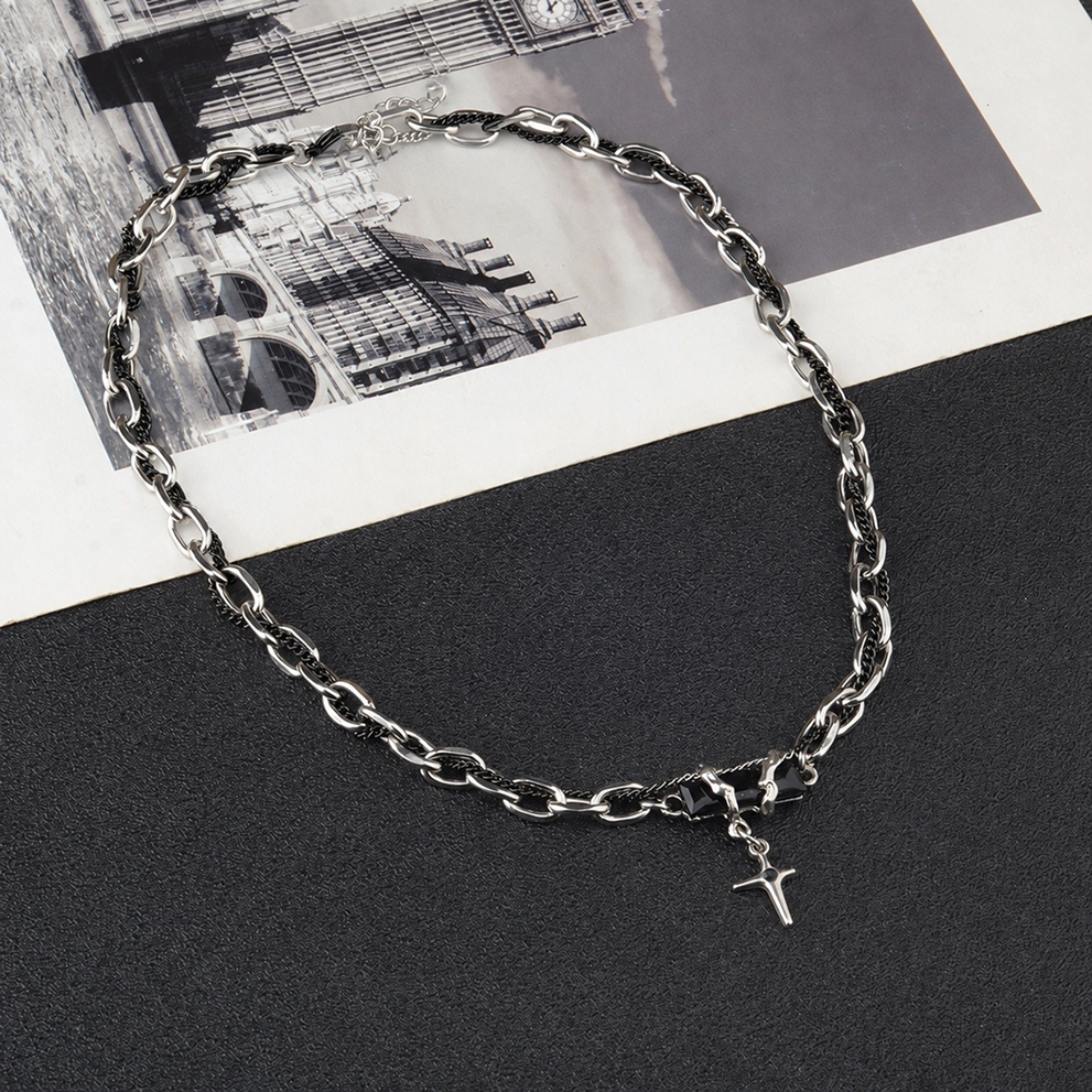 men's starburst pendant necklace titanium steel cuban link chain layered hip hop choker black gem cross accent streetwear jewelry gift for men male accessories