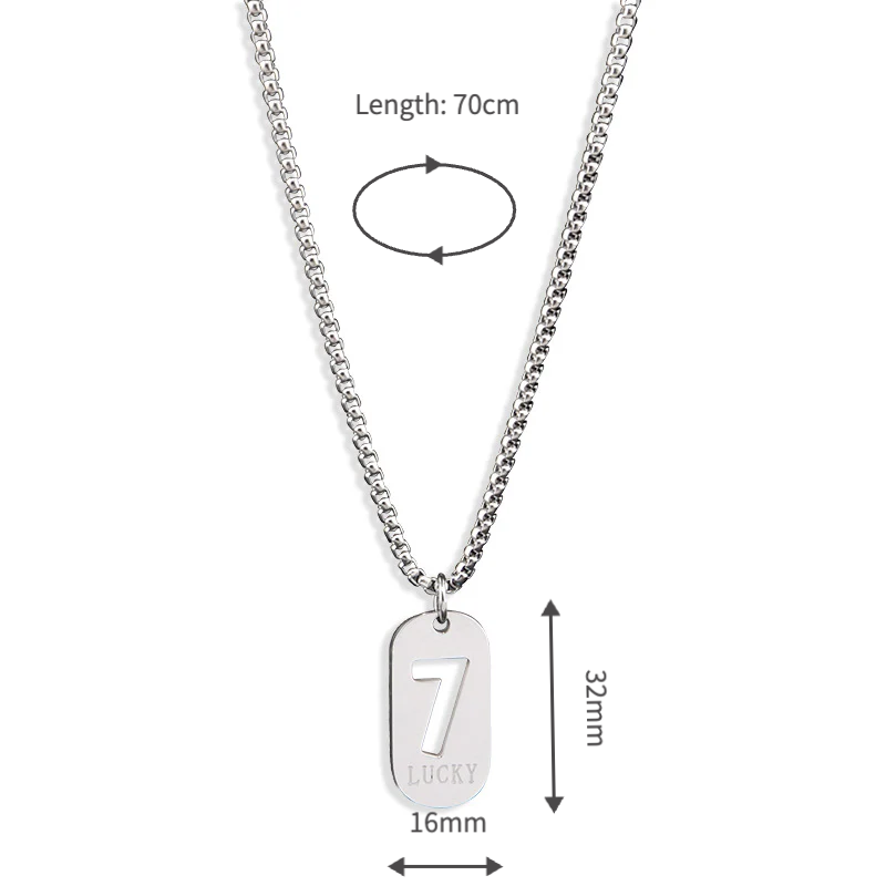 lucky number 7 pendant necklace for men women premium titanium steel dog tag nameplate hip hop punk streetwear jewelry long box chain sweater necklace gift