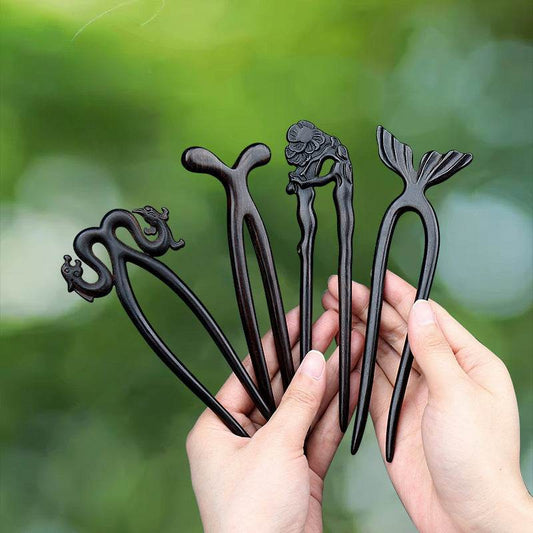 Black Sandalwood Vintage Carved Hairpin Handmade Bun Gift Choice - STAR8S