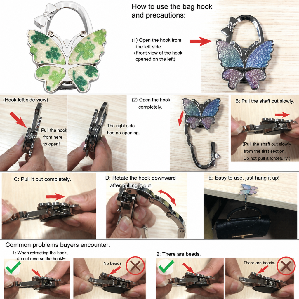 butterfly folding purse hook for desk portable handbag hanger for tables women cute tote bag hook inward folding table side purse holder desk bag hanger clip non-slip office dining travel accessories