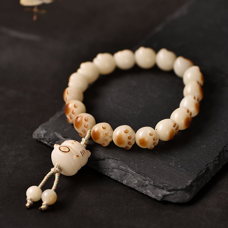 charcoal - burned cat paw bodhi root bracelet with white jade bodhi beads - star8s