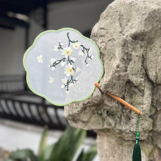 Chinese - style Gardenia Embroidered Round Fan for Dance and Ancient - style Outfits - STAR8S