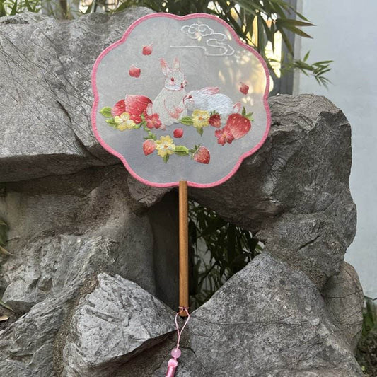 Chinese - style Rabbit Embroidered Round Fan for Dance and Ancient - style Attire - STAR8S