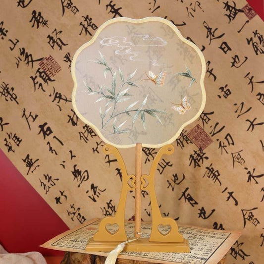 Chinese Suzhou Bamboo and Butterfly Double - Sided Embroidered Round Fan for Dance and Ancient Style - STAR8S