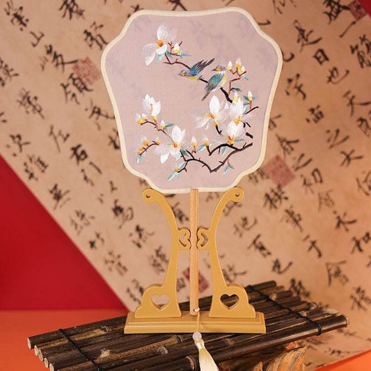 Chinese Suzhou Double - Sided Embroidered Fan with Magnolia for Hanfu & Dance - STAR8S