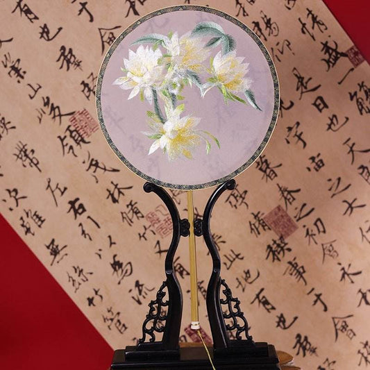 Chinese Suzhou Double - Sided Embroidered Round Fan with Epiphyllum on Bamboo Frame - STAR8S
