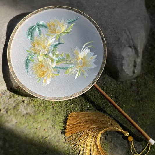 Chinese Suzhou Double - Sided Embroidered Round Fan with Epiphyllum on Bamboo Handle - STAR8S