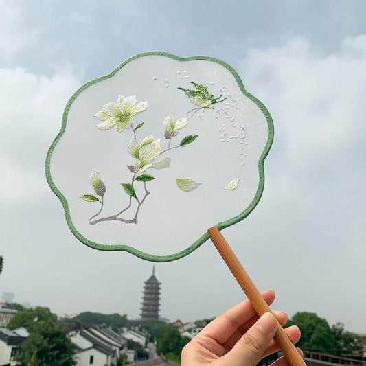 Chinese Suzhou Double - Sided Embroidered Round Fan with Green Magnolia & Butterfly for Style - STAR8S
