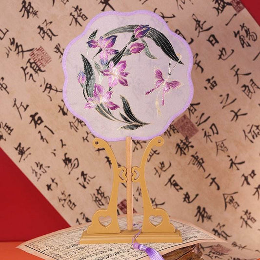Chinese Suzhou Double - Sided Embroidered Round Fan with Purple Narcissus for Hanfu & Dance - STAR8S