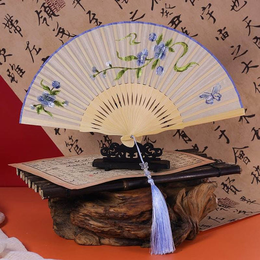 Chinese Suzhou Embroidered Folding Fan with Blue Butterfly Patterns - STAR8S