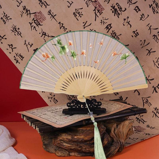Chinese Suzhou Embroidered Folding Fan with Ginkgo Leaf Patterns - STAR8S