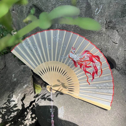 Chinese Suzhou Embroidered Folding Fan with Nine - tailed Fox Pattern - STAR8S