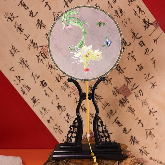 Chinese Suzhou Embroidered Round Fan with Epiphyllum Pattern - STAR8S
