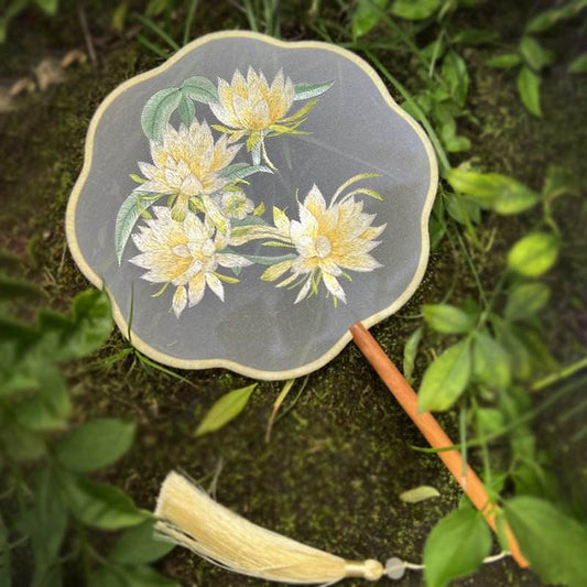 Chinese Suzhou Epiphyllum Oxypetalum Double - Sided Embroidered Round Fan for Dance & Style - STAR8S