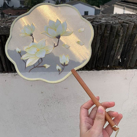 Chinese Suzhou Gold - rimmed Magnolia Double - Sided Embroidered Round Fan for Style & Culture - STAR8S
